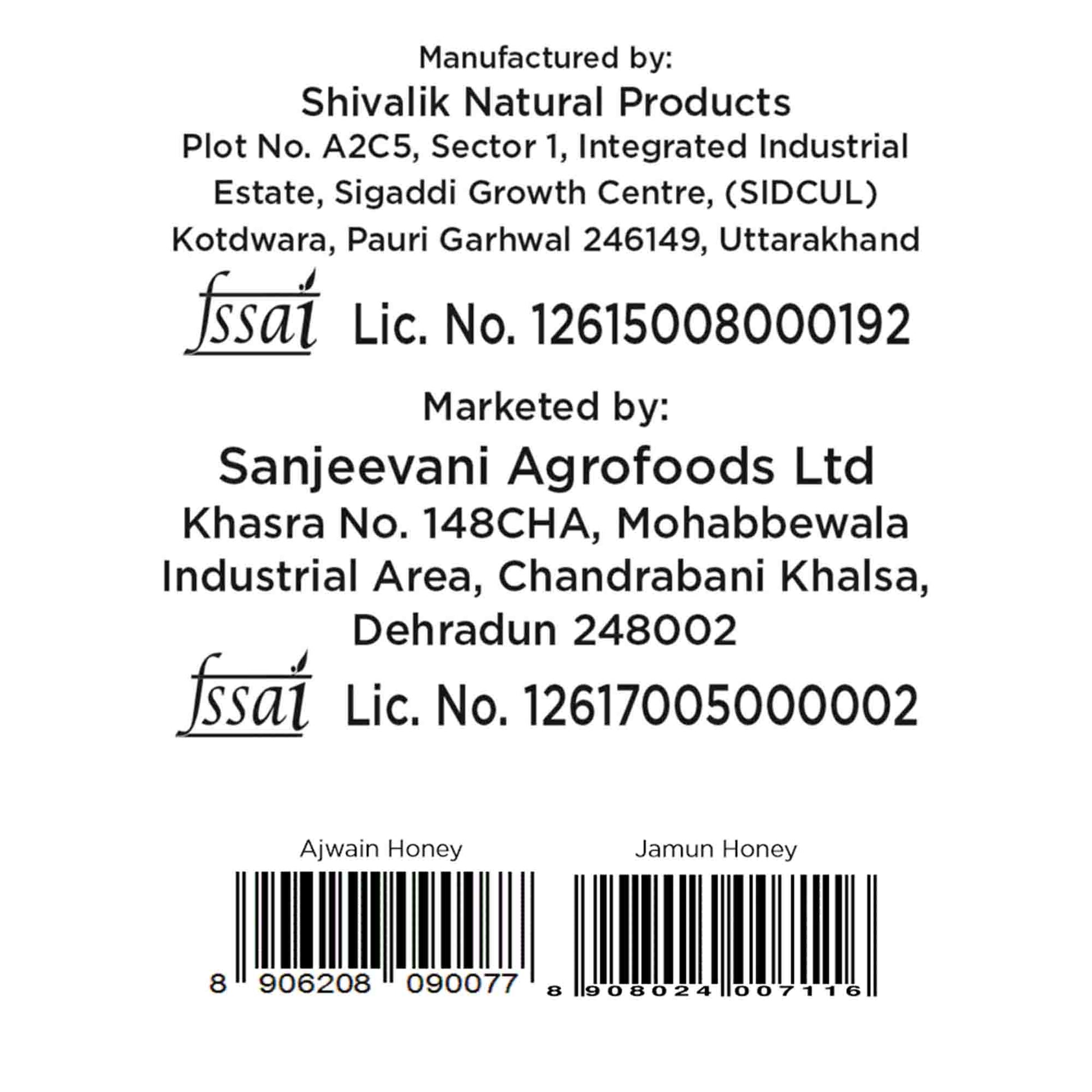 Barsana Magic and Back label of a product with Shivalik Natural Products and Sanjeevani Agrofoods Ltd information, ISSAI certification, and honey types listed.