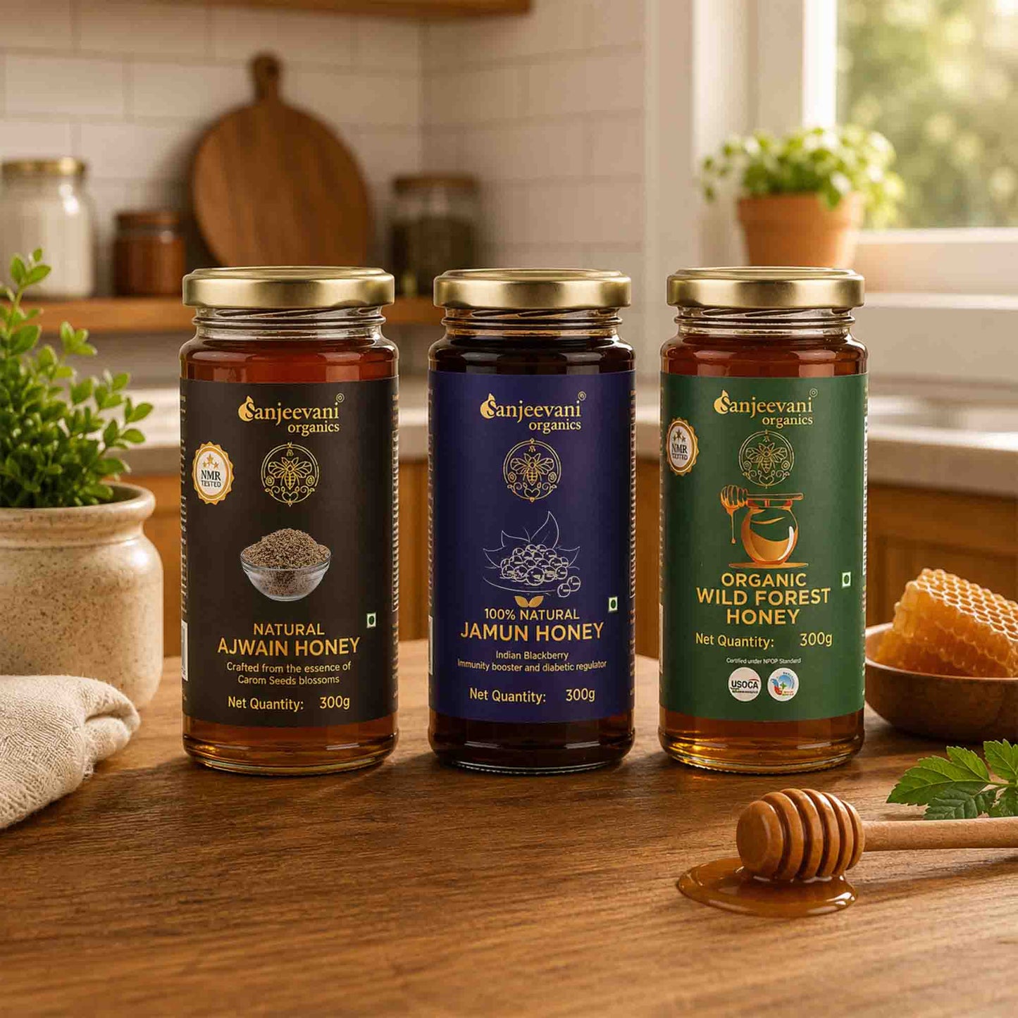 Three jars of Sanjeevani Organics honey on a wooden table with kitchen background