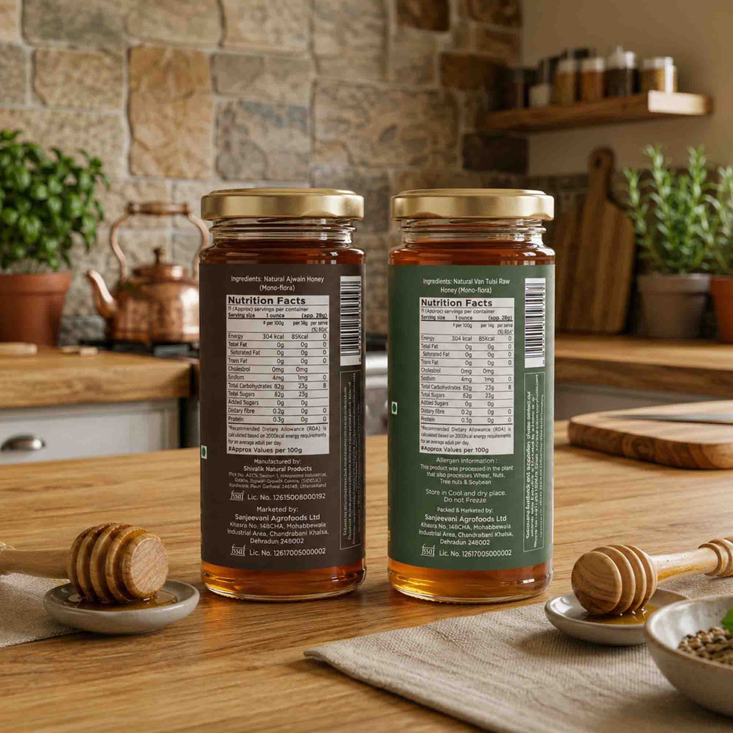 Natural Ajwain Honey and Van Tulsi Raw Honey (Pack of 2) - Get Free  5 Sachets & Honey Stick
