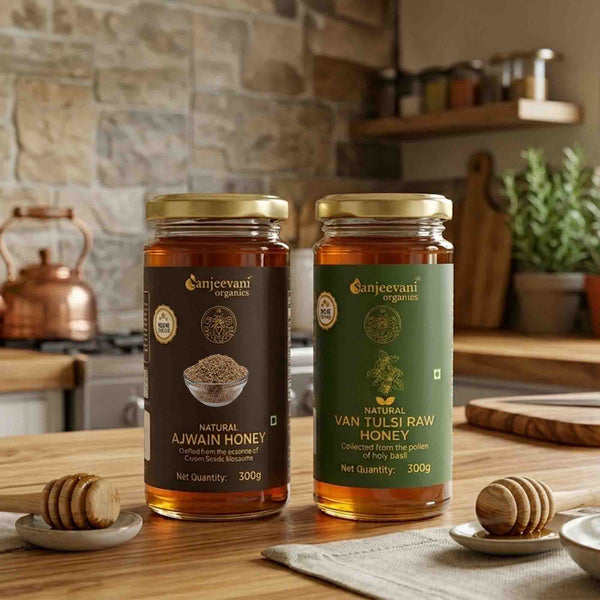 Natural Ajwain Honey and Van Tulsi Raw Honey (Pack of 2) - Get Free  5 Sachets & Honey Stick