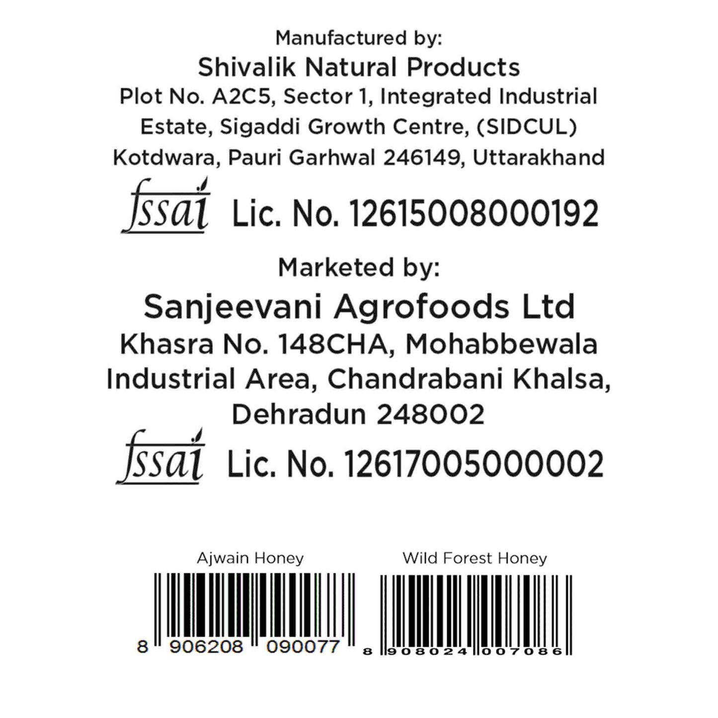Barsana Magic and Back label of a honey product with Shivalik Natural Products and Sanjeevani Agrofoods Ltd details.
