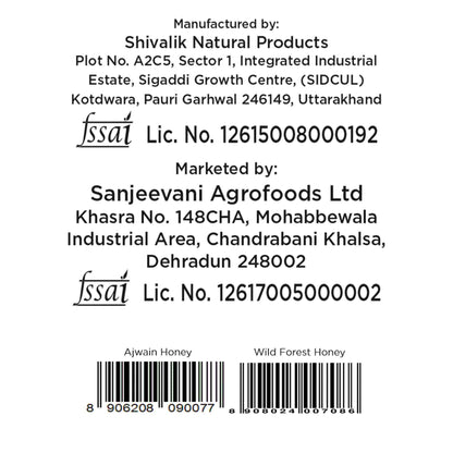 Barsana Magic and Back label of a honey product with Shivalik Natural Products and Sanjeevani Agrofoods Ltd details.