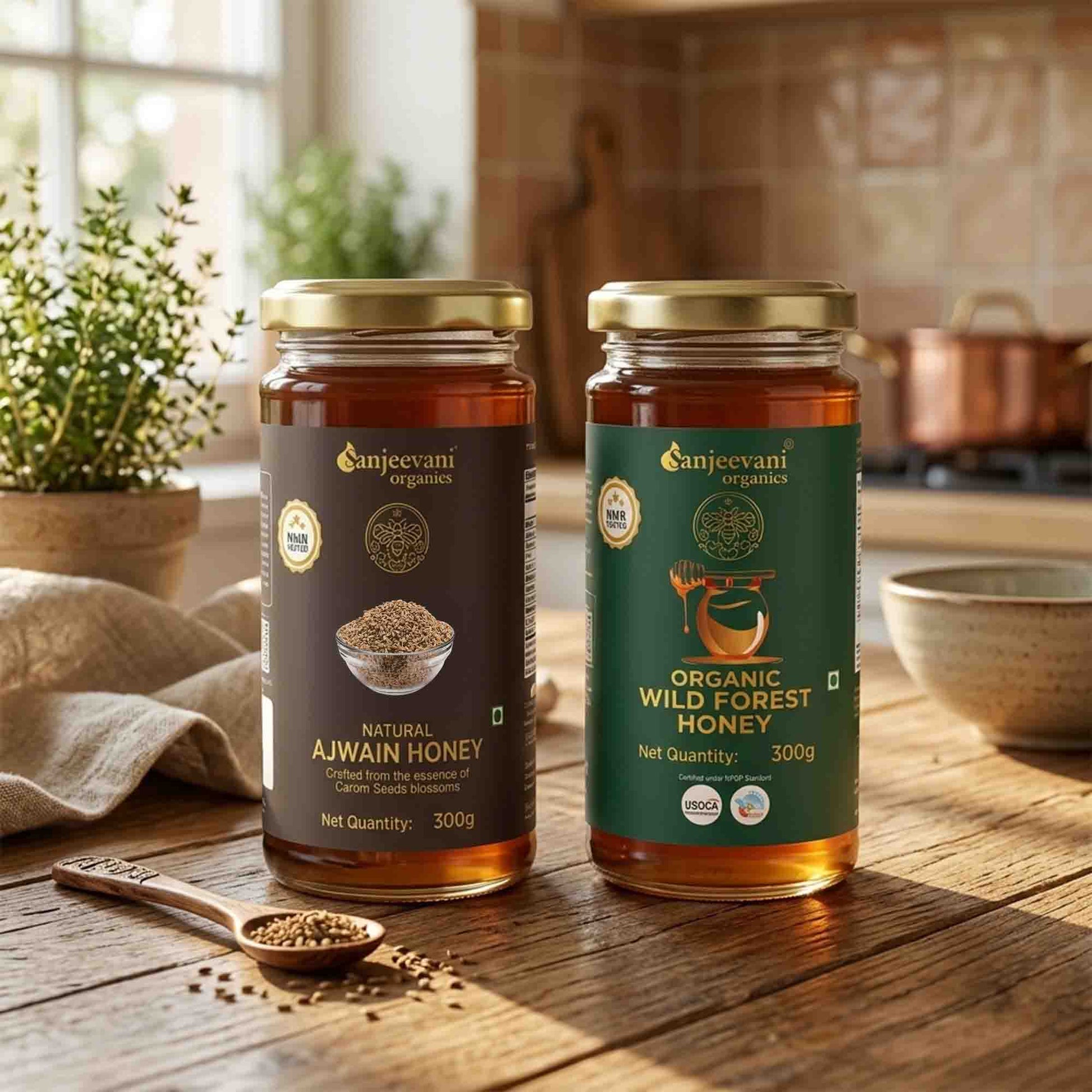 Barsana Magic and Two jars of organic honey from Sanjeeyan on a wooden table with a kitchen background.