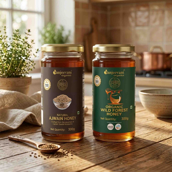 Organic Wild Forest Honey and Natural Ajwani Honey (Pack of 2) - Get Free 5 Sachets & Honey Stick