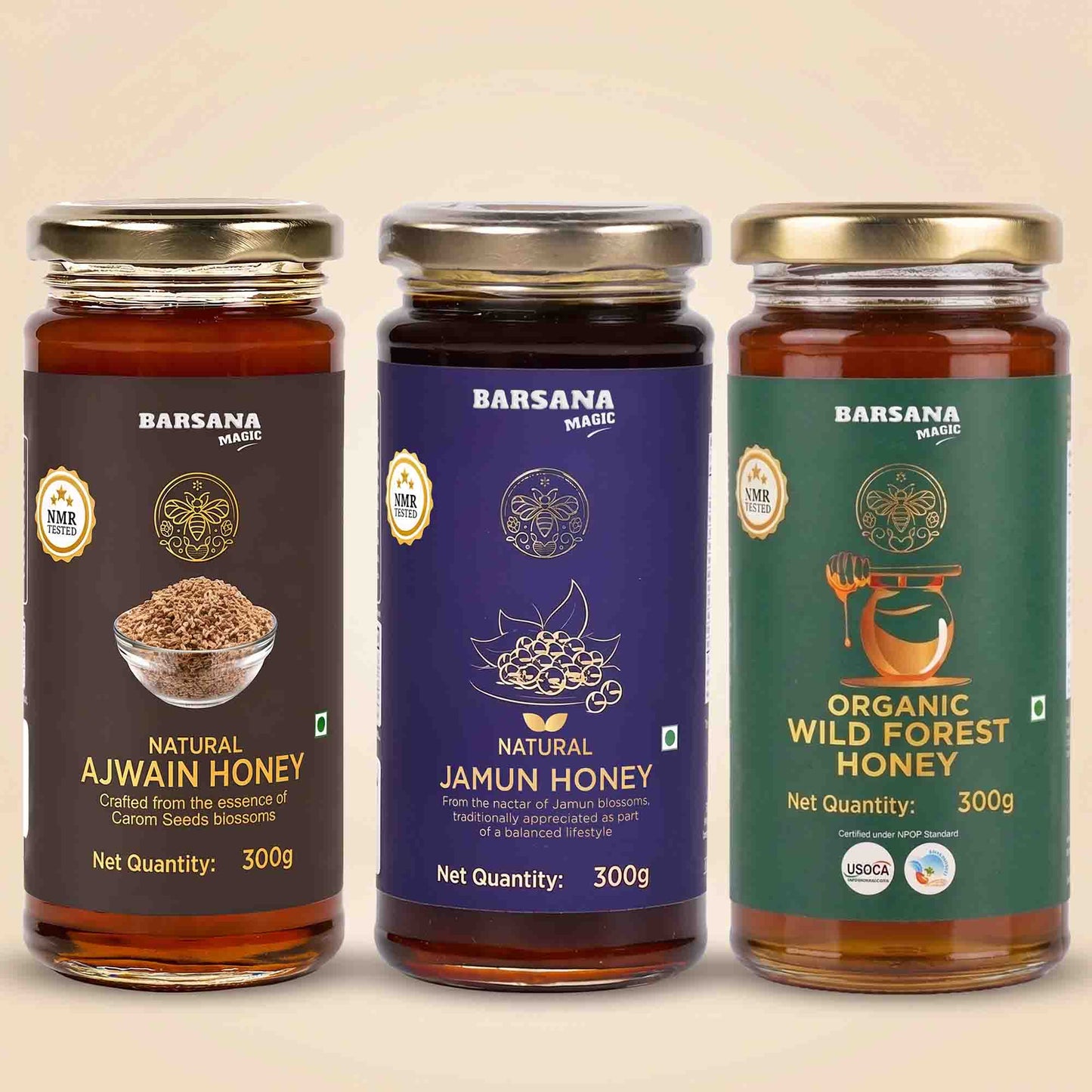 Organic Wild Forest Honey + Ajwain Honey + Jamun Honey (Pack of 3)