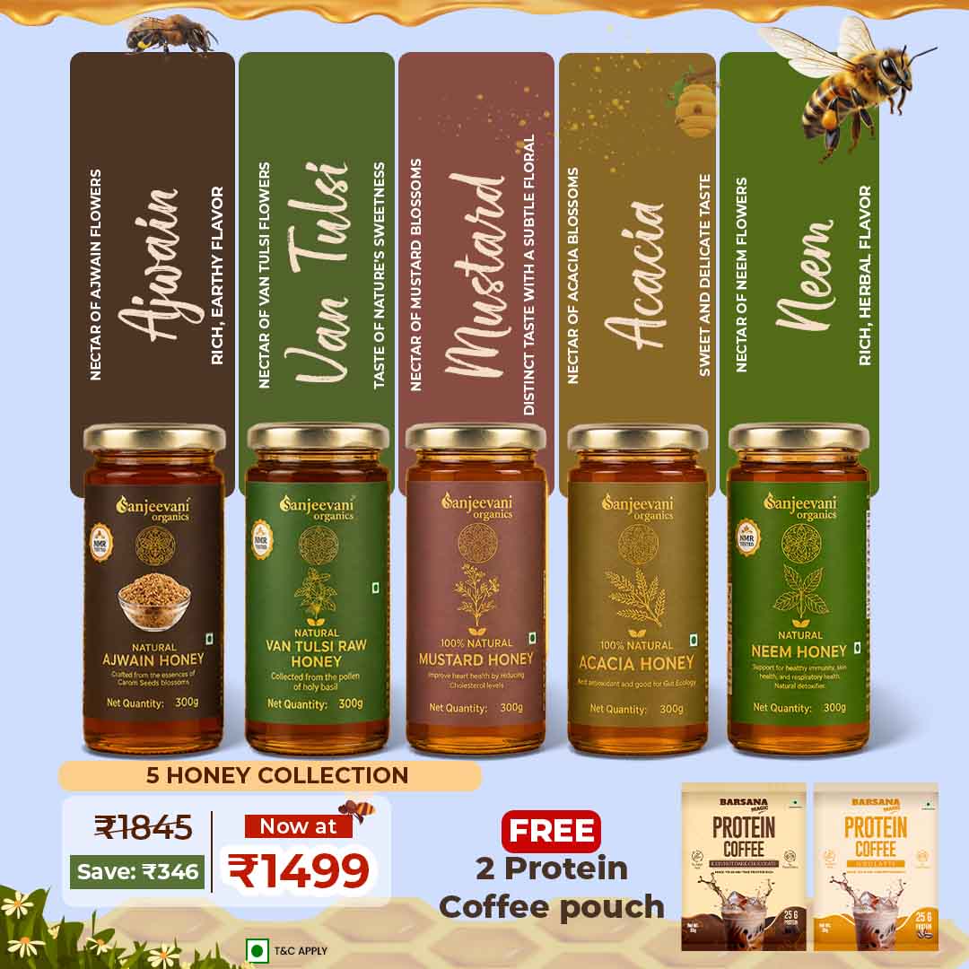 Barsana Magic and Collection of honey jars with labels and a promotional banner on a light blue background