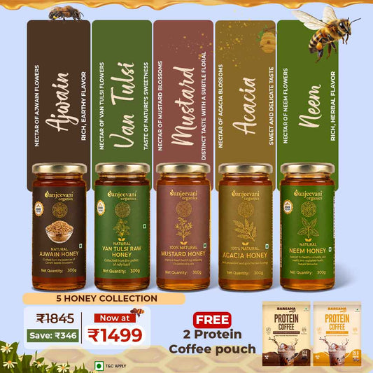 Barsana Magic and Collection of honey jars with labels and a promotional banner on a light blue background