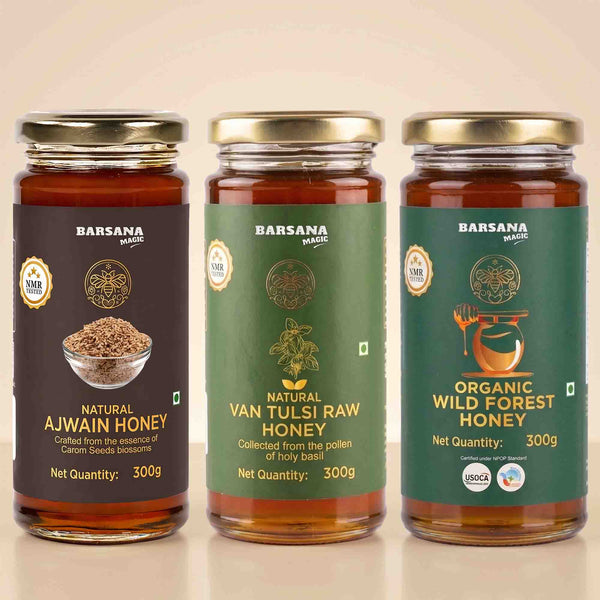 Organic Wild Forest Honey + Natural Van Tulsi Raw Honey + Natural Ajwain Honey (Pack of 3)