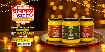 Barsana Magic A promotional banner for a "Shubh Navratri Sale" offering a 17% discount on a pack of 3 ghee jars.