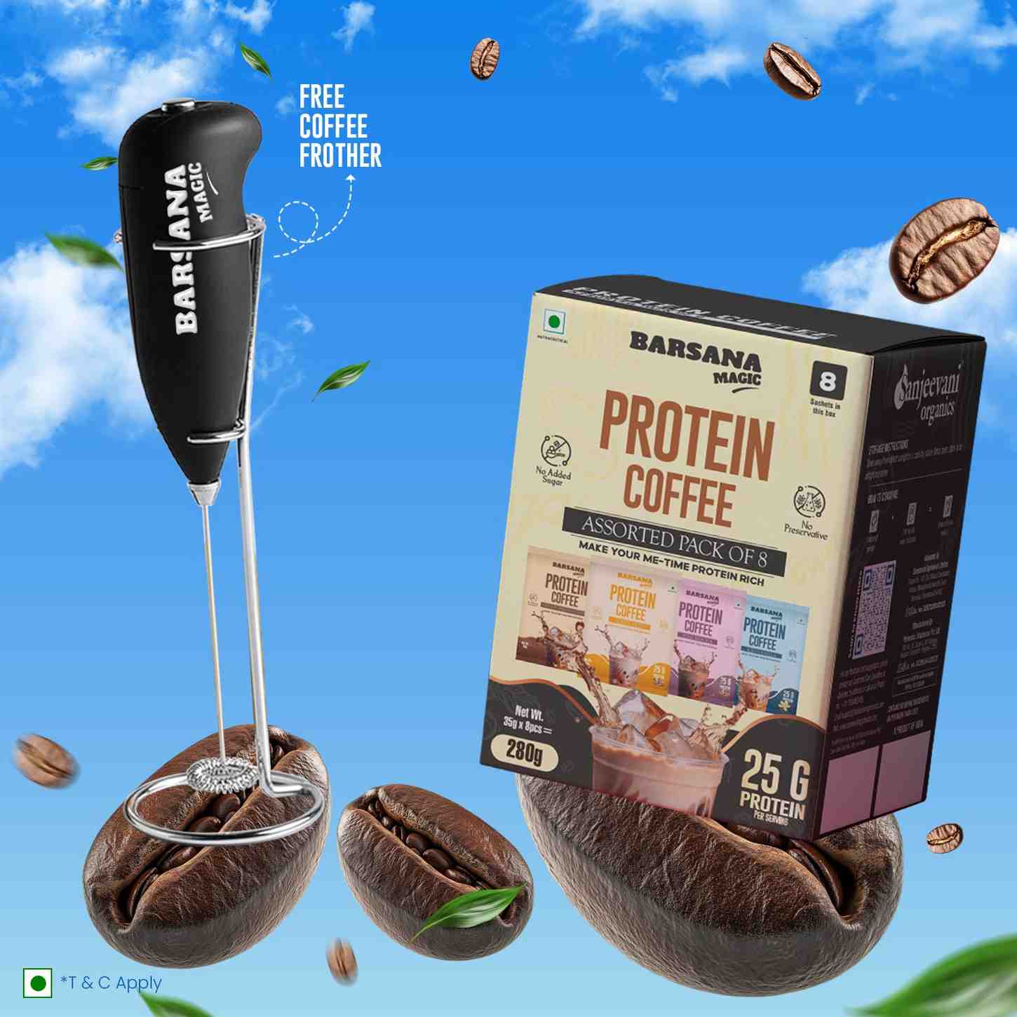 Barsana Magic and Protein Coffee package with a milk frother on a blue sky background