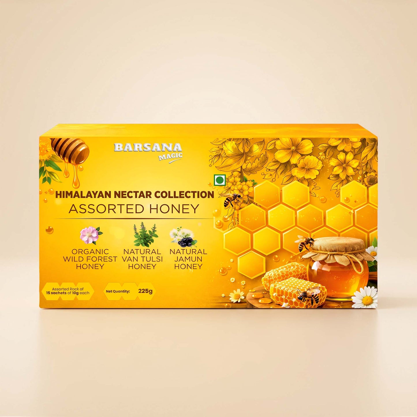Barsana Magic and A yellow rectangular box of Barsana Magic Himalayan Nectar Collection Assorted Honey, featuring illustrations of honeycombs, bees, flowers, and honey pots on a beige background.