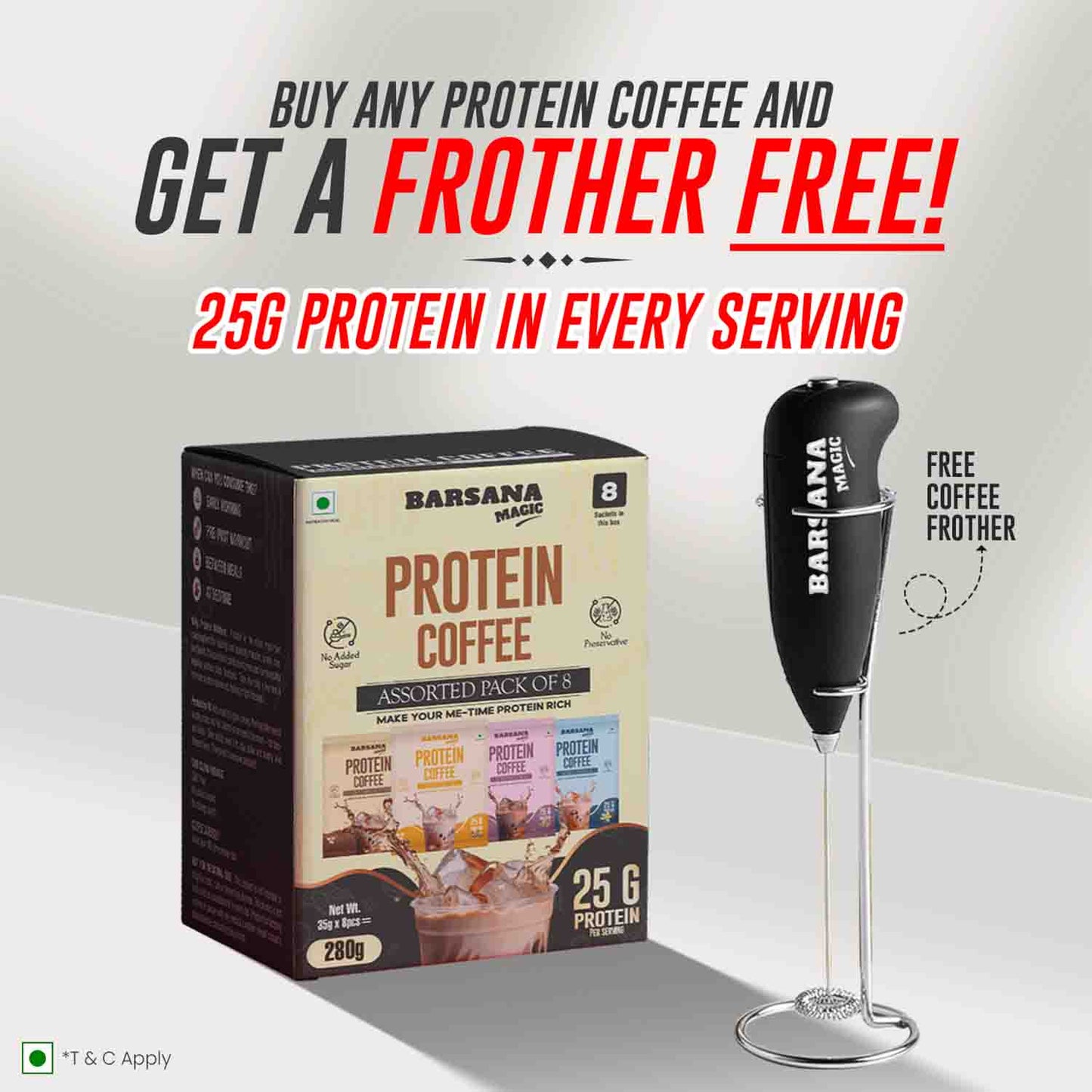 Barsana Magic and  Protein Coffee package with a free coffee frother on a white background