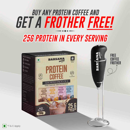 Barsana Magic and  Protein Coffee package with a free coffee frother on a white background