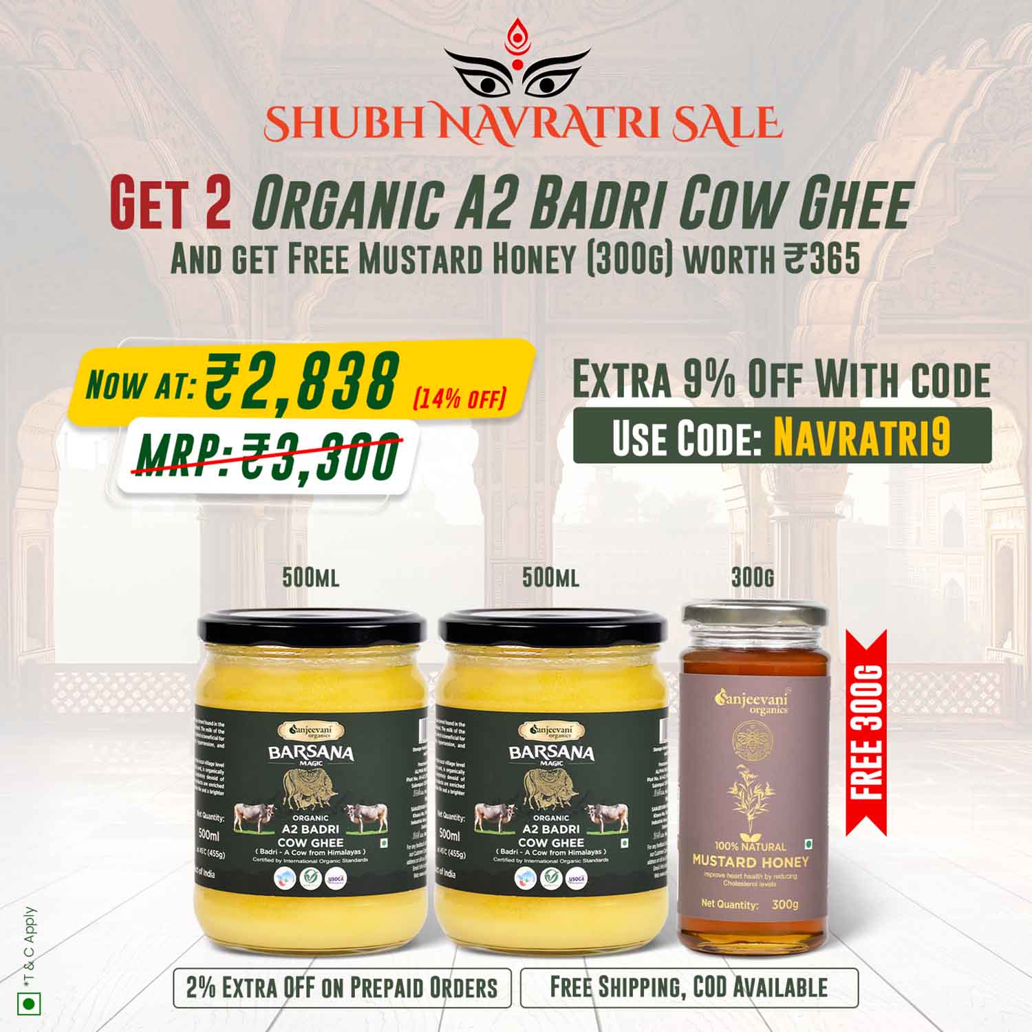Barsana Magic and Promotional advertisement for Shubh Navratri Sale with jars of organic A2 Badri Cow Ghee and mustard honey.