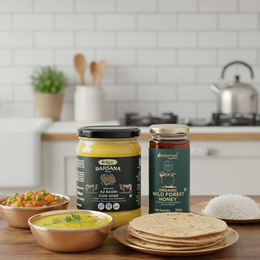Barsana Magic and Jars of Barsana yogurt and organic honey on a kitchen counter with food items.