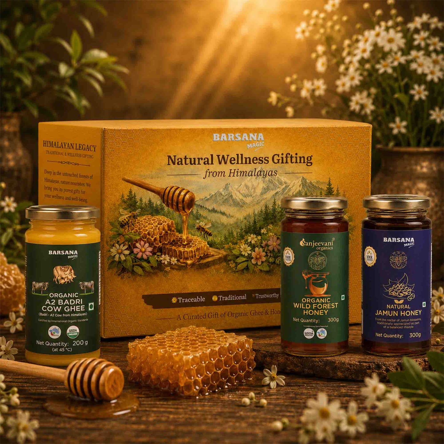 Barsana Magic and A BarSana gift set arranged on a rustic wooden surface with flowers and warm golden lighting in the background. The set includes a large natural wellness gifting box, a jar of organic raw unfiltered cow ghee, a jar of organic wild forest honey, and a jar of natural jamun honey, along with a honeycomb piece and a wooden honey dipper.