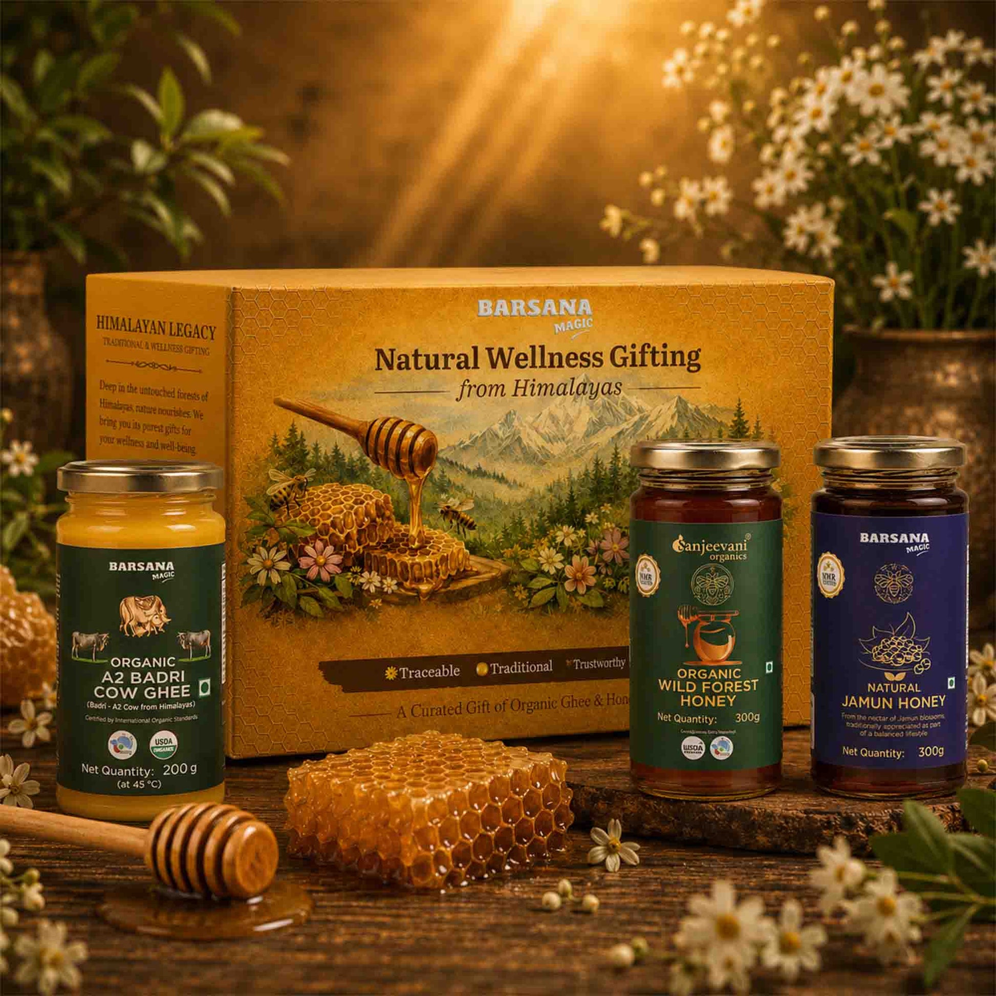Barsana Magic and A BarSana gift set arranged on a rustic wooden surface with flowers and warm golden lighting in the background. The set includes a large natural wellness gifting box, a jar of organic raw unfiltered cow ghee, a jar of organic wild forest honey, and a jar of natural jamun honey, along with a honeycomb piece and a wooden honey dipper.