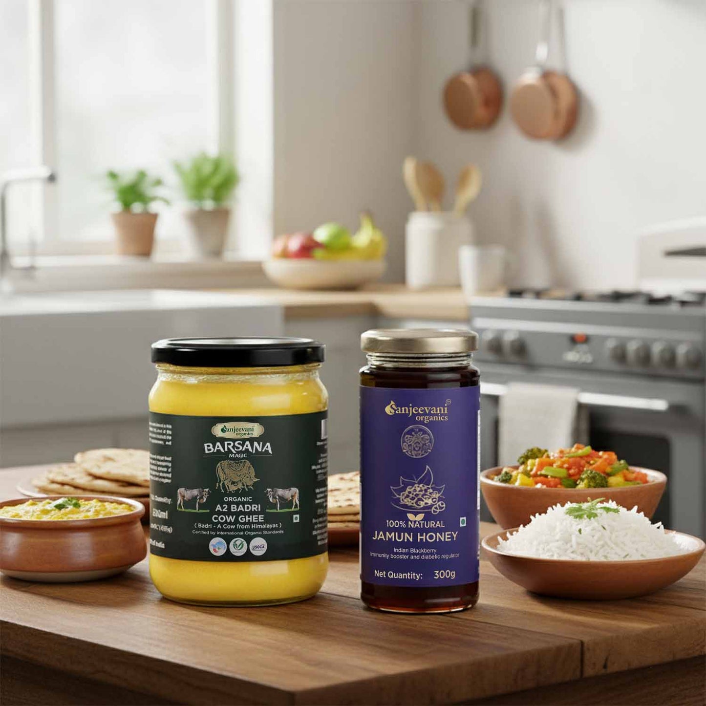 Barsana Magic and Two jars of food products on a kitchen counter with bowls of food in the background.