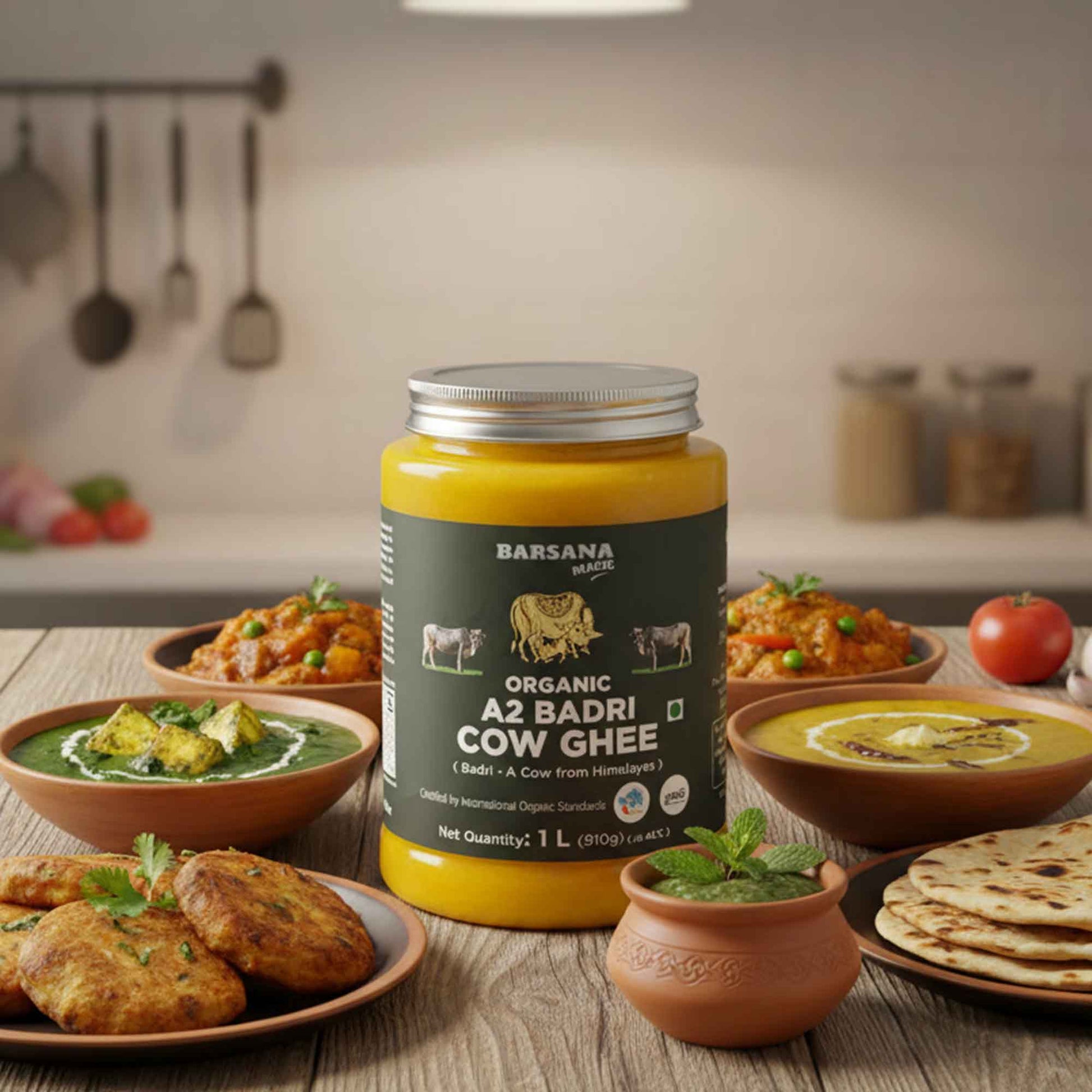Barsana Magic and Jar of Organic A2 Badri Cow Ghee on a table with food in a kitchen setting