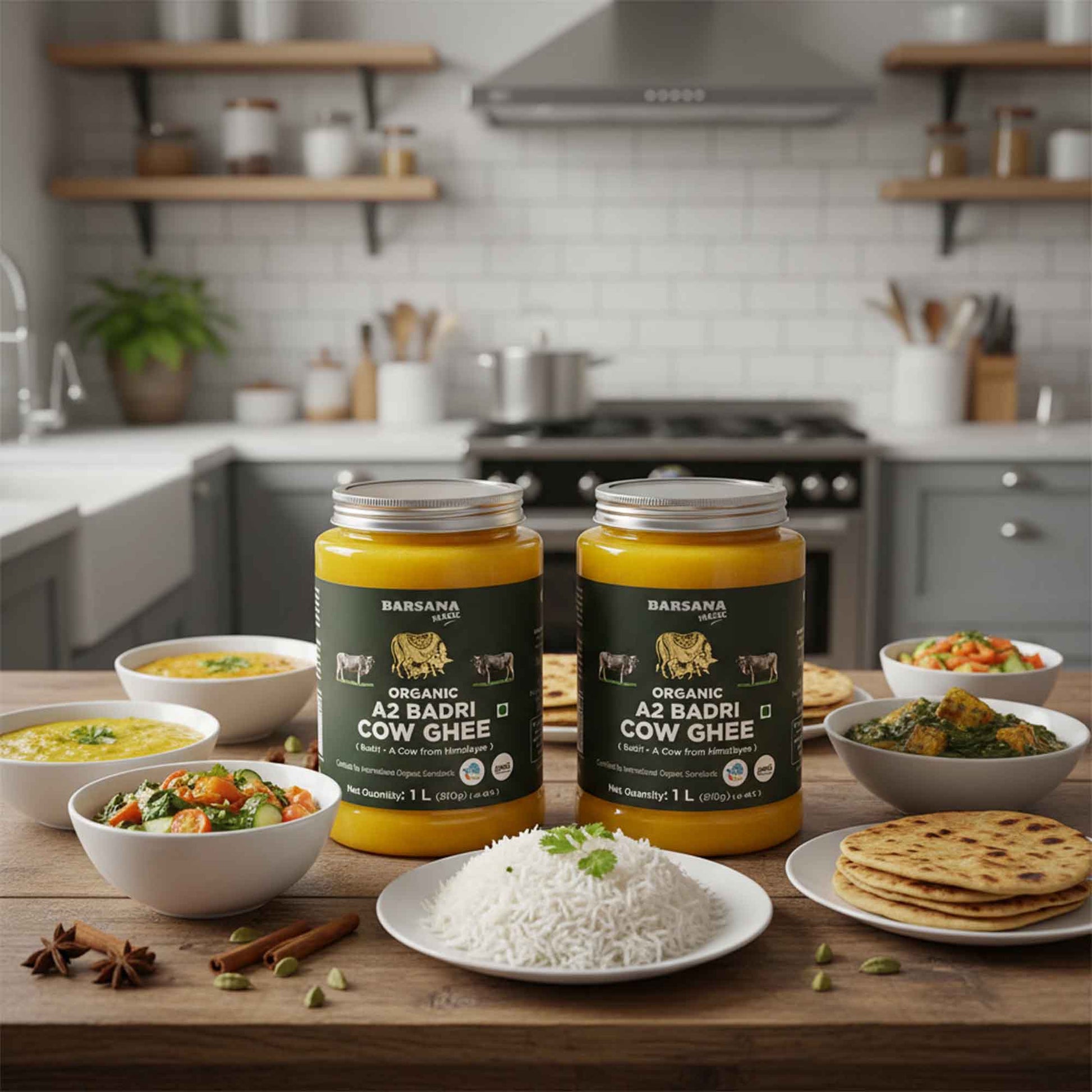 Barsana Magic and Two jars of Barseana Organic A2 Badri Cow Ghee on a kitchen counter with food and spices.
