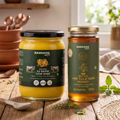 Organic A2 Badri Cow Ghee and Natural Van Tulsi Raw Honey (Pack of 2)
