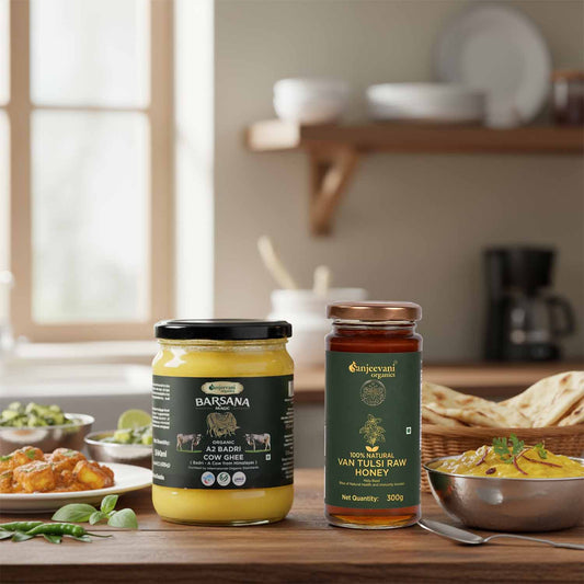 Barsana Magic and  Two jars of food products on a wooden table with a kitchen background