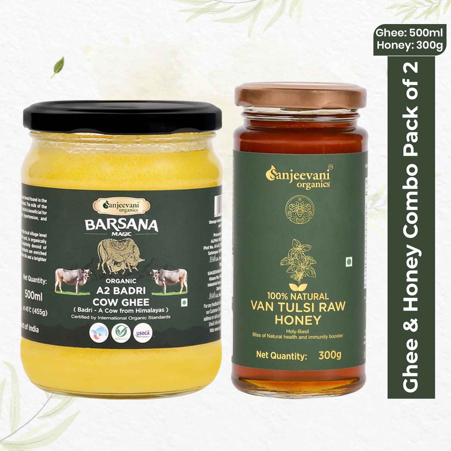 Organic A2 Badri Cow Ghee and 100% Natural Van Tulsi Raw Honey (Pack of 2)