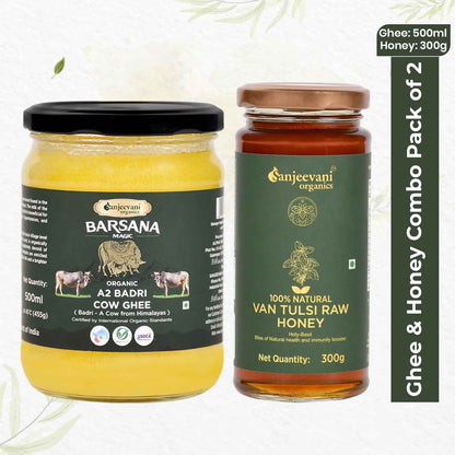 Organic A2 Badri Cow Ghee and 100% Natural Van Tulsi Raw Honey (Pack of 2)