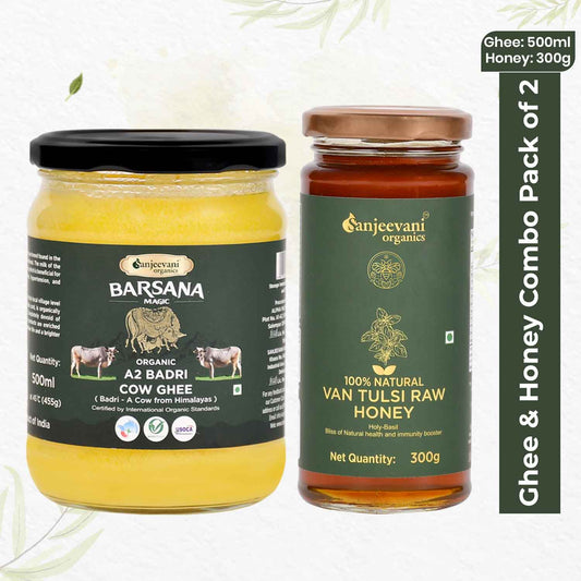Organic A2 Badri Cow Ghee and 100% Natural Van Tulsi Raw Honey (Pack of 2)