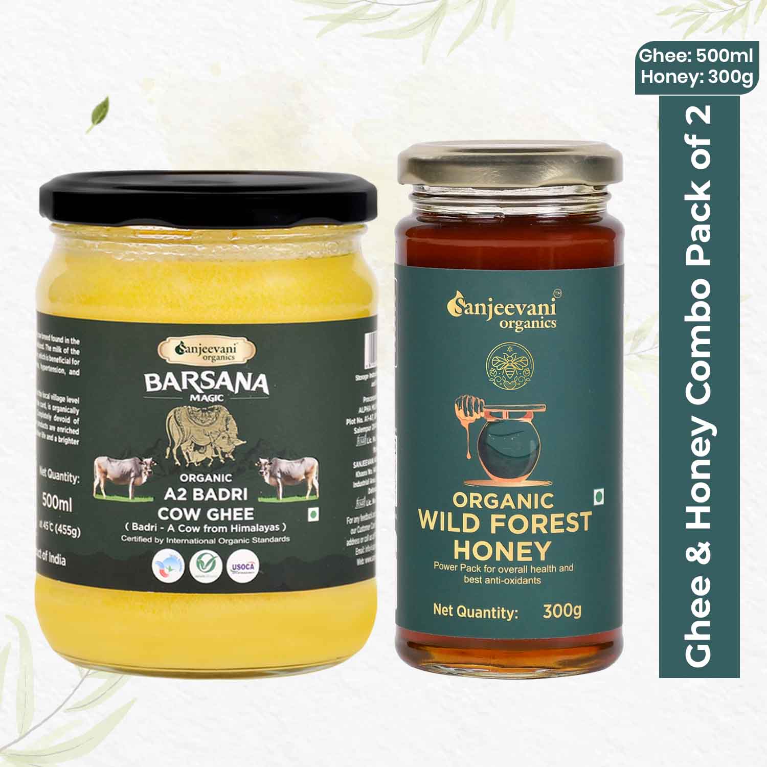 Pure Organic A2 Badri Cow Ghee in a glass jar alongside golden Organic Wild Forest Honey, embodying Himalayan goodness.