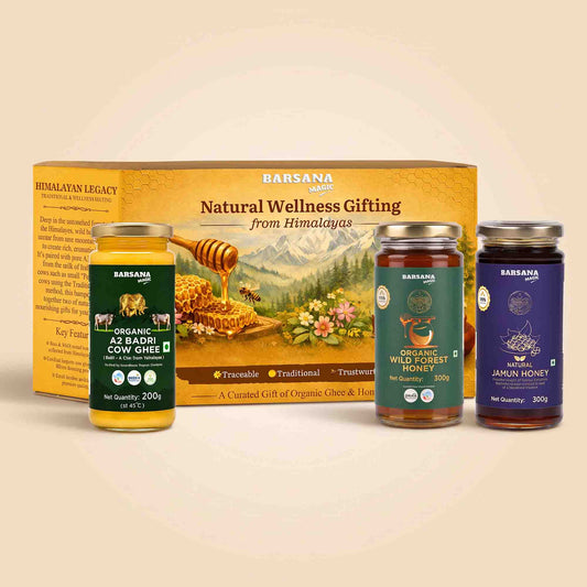 Barsana Magic and Legacy Natural Wellness Gifting set featuring a box and three jars of honey and ghee on a warm beige background. The set includes As Badih Cow Ghee, Organic Wild Forest Honey, and Jamun Honey.