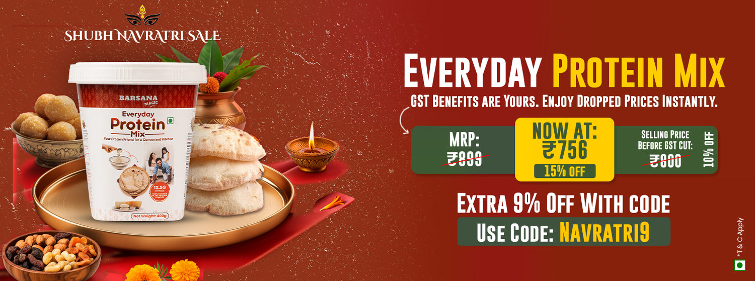 Barsana Magic and Protein mix container with snacks on a red background, featuring promotional text.