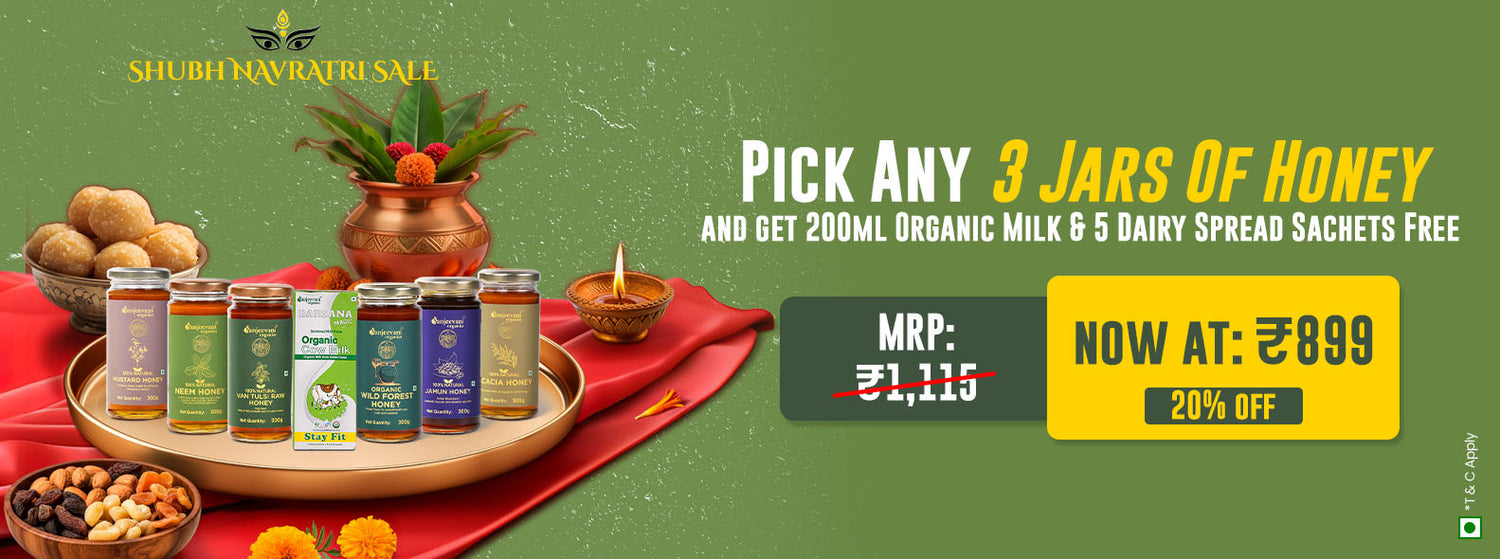 Barsana Magic and Promotional banner for Shubh Navratri Sale with honey jars and dairy products on a green background.