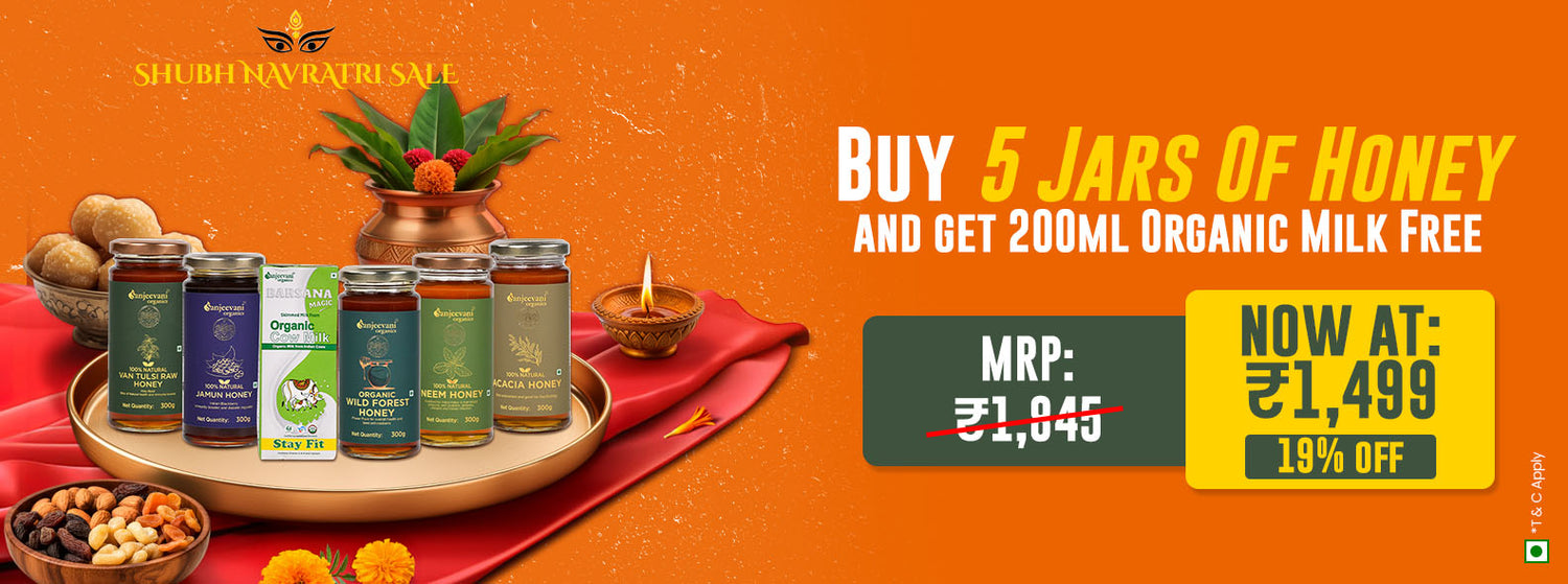 Barsana Magic and Promotional banner for honey jars with a offer on organic milk, on an orange background.