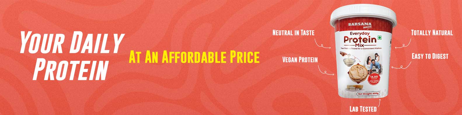 Barsana Magic and Protein product with text on a red background