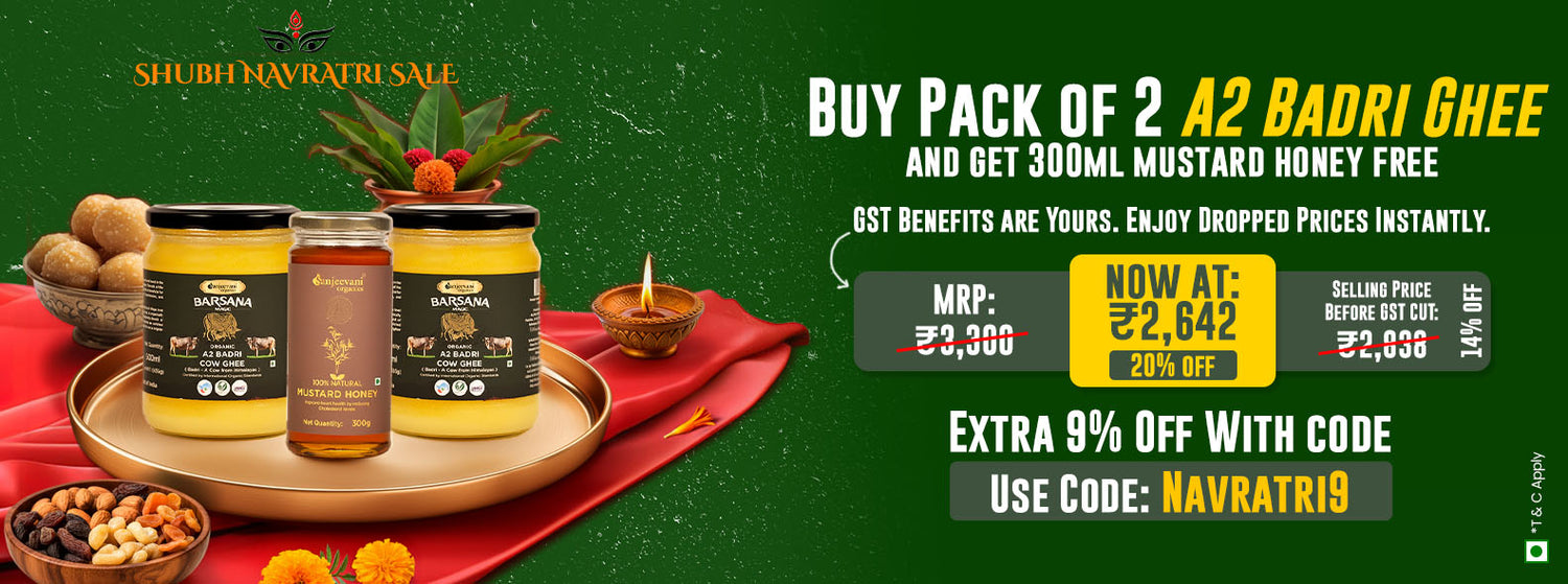 Barsana Magic and Promotional banner for A2 Badri Ghee with honey offer on a green background