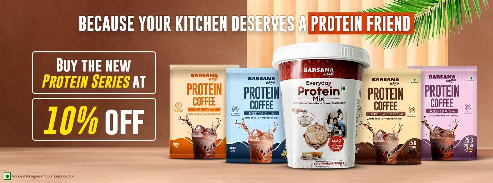 Barsana  Magic and of Protein Series products with promotional text on a wooden surface.