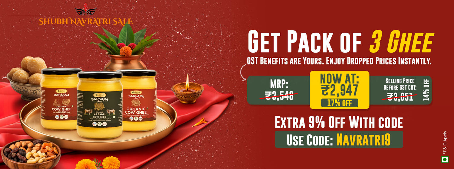 Barsana Magic and Promotional banner for ghee with price reduction and offer details on a red background