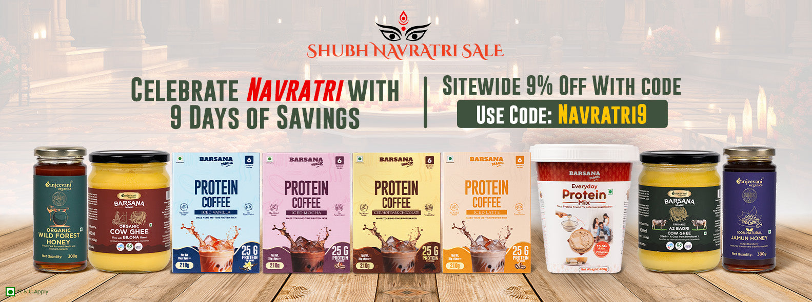 Barsana Magic and Protein product display with promotional text for Shubh Navratri Sale on a wooden surface.