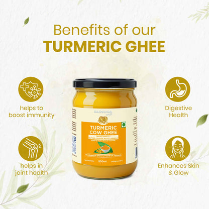 Jar of turmeric ghee with benefits listed on a white background