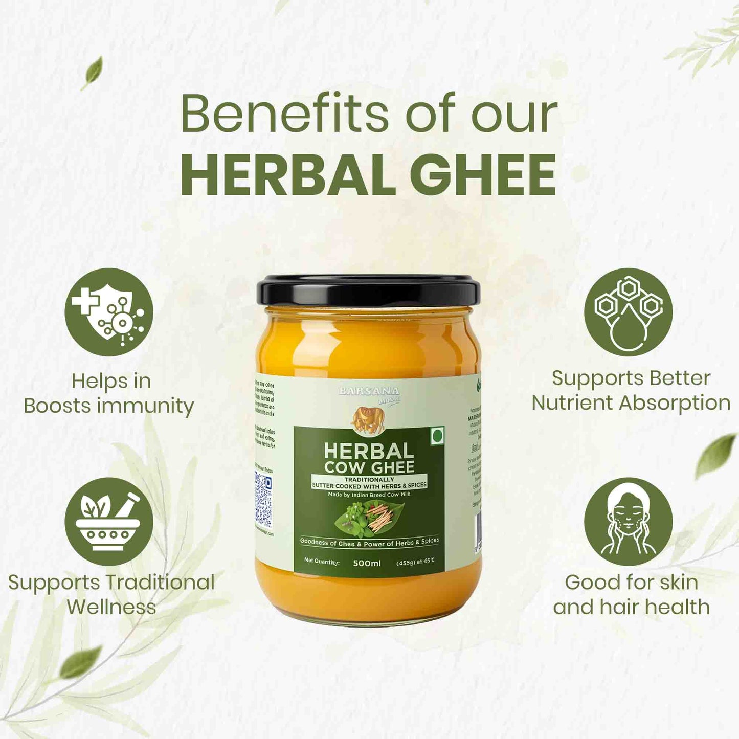 Barsana Magic and Jar of herbal ghee with benefits listed on a white background