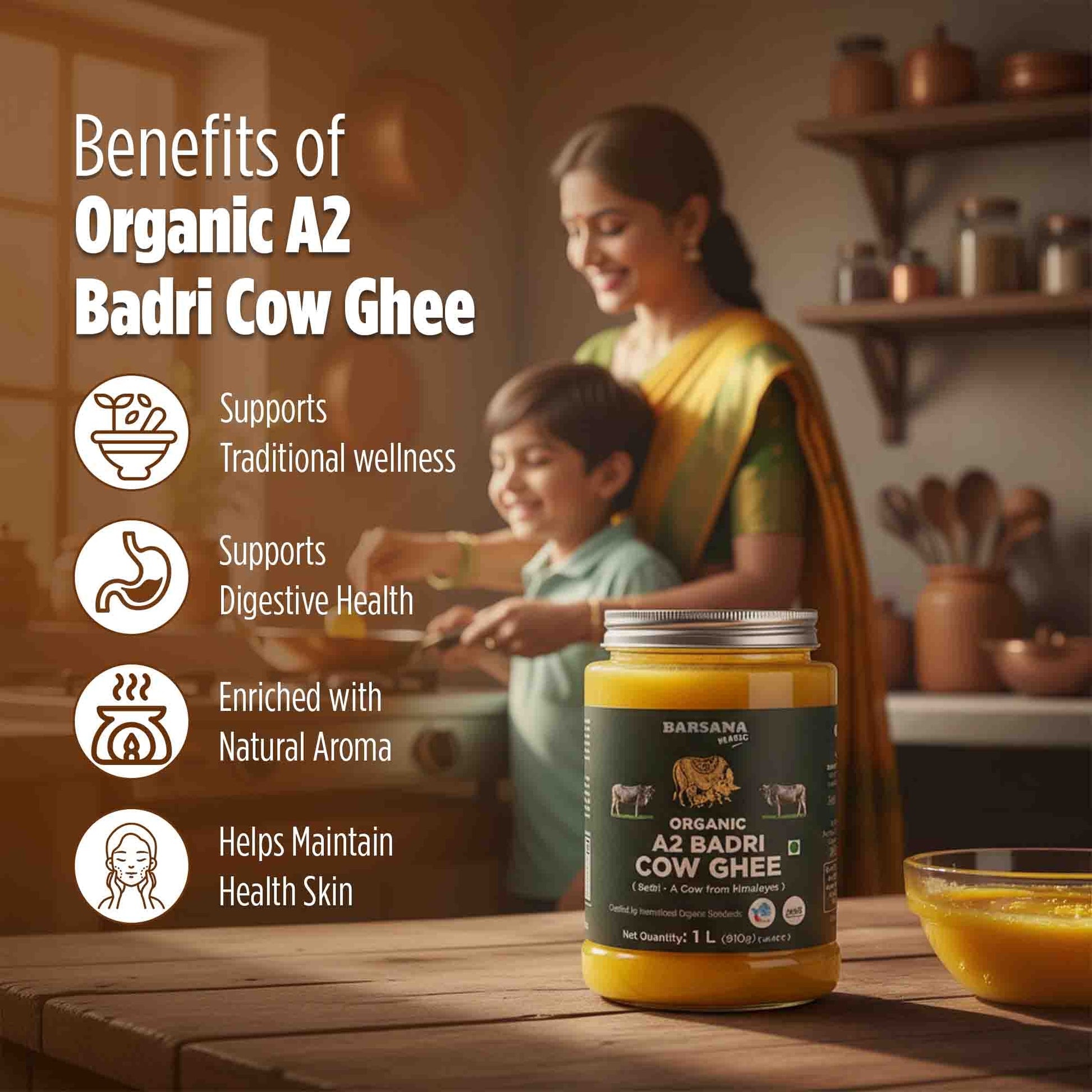 Barsana Magic and Bottle of Organic A2 Badri Cow Ghee with a woman and child in a kitchen setting, highlighting benefits.