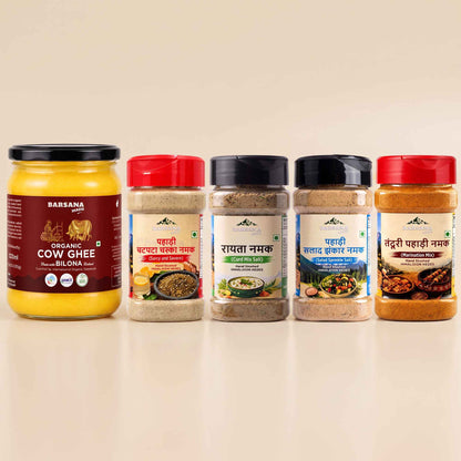 Organic Bilona Cow Ghee 500ml + Himalayan Pahadi Namak Pack of 4