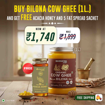 Barsana Magic and Bilona Cow Ghee with free Acacia honey and fat spread on a wooden table.