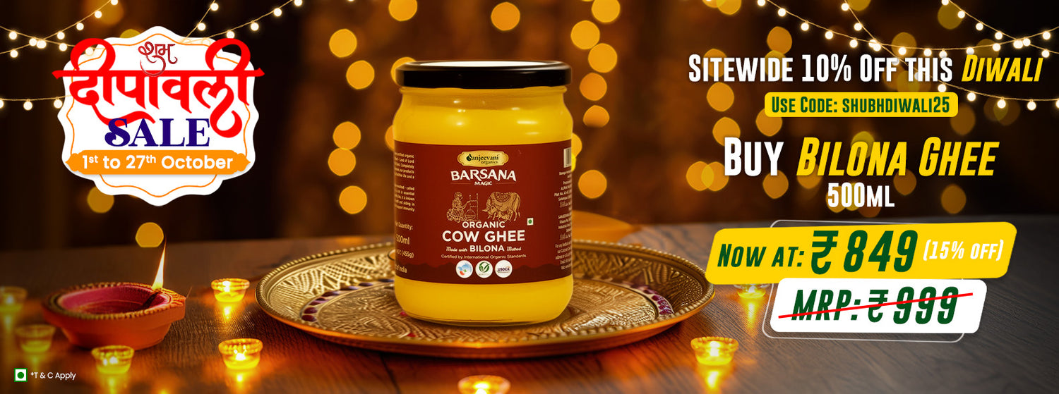 Bansana Magic and  ghee jar on a decorative plate with Diwali sale text and graphics.