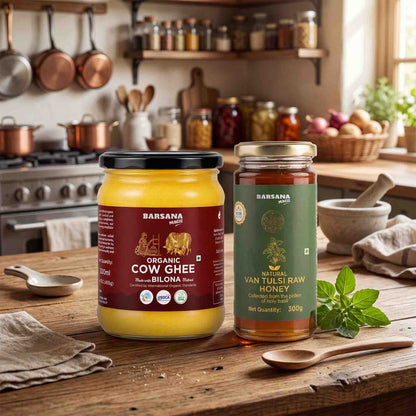 Organic Bilona Cow Ghee and Natural Van Tulsi Raw Honey (Pack of 2)