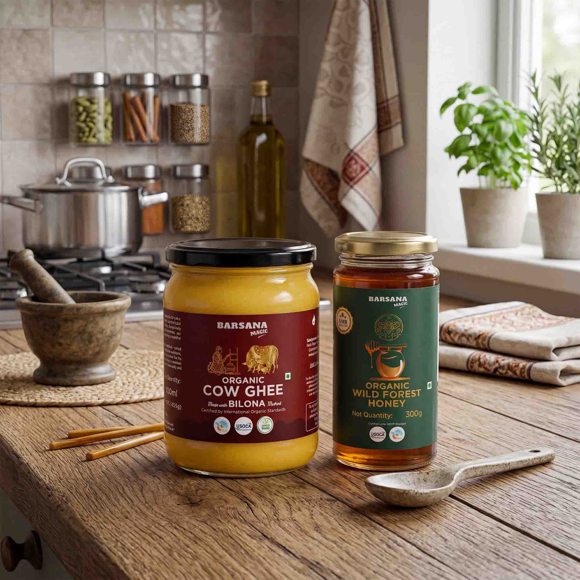 Barsana Magic and Two jars of Barsana brand ghee and honey displayed on a rustic wooden table in a cozy kitchen setting. The left jar contains organic cow ghee with a maroon label, and the right jar contains organic wild forest honey with a green label.