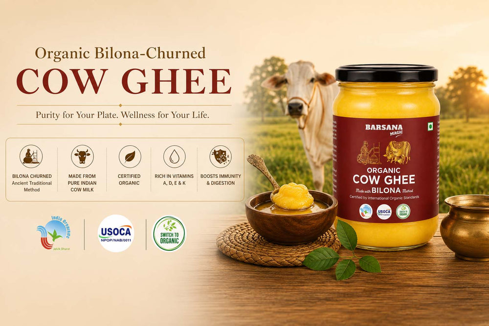 Barsana Magic and A jar of Barsana Organic Cow Ghee displayed on a wooden surface next to a small bowl of ghee, with a cow in a field in the background. Text on the left highlights organic and traditional production methods.