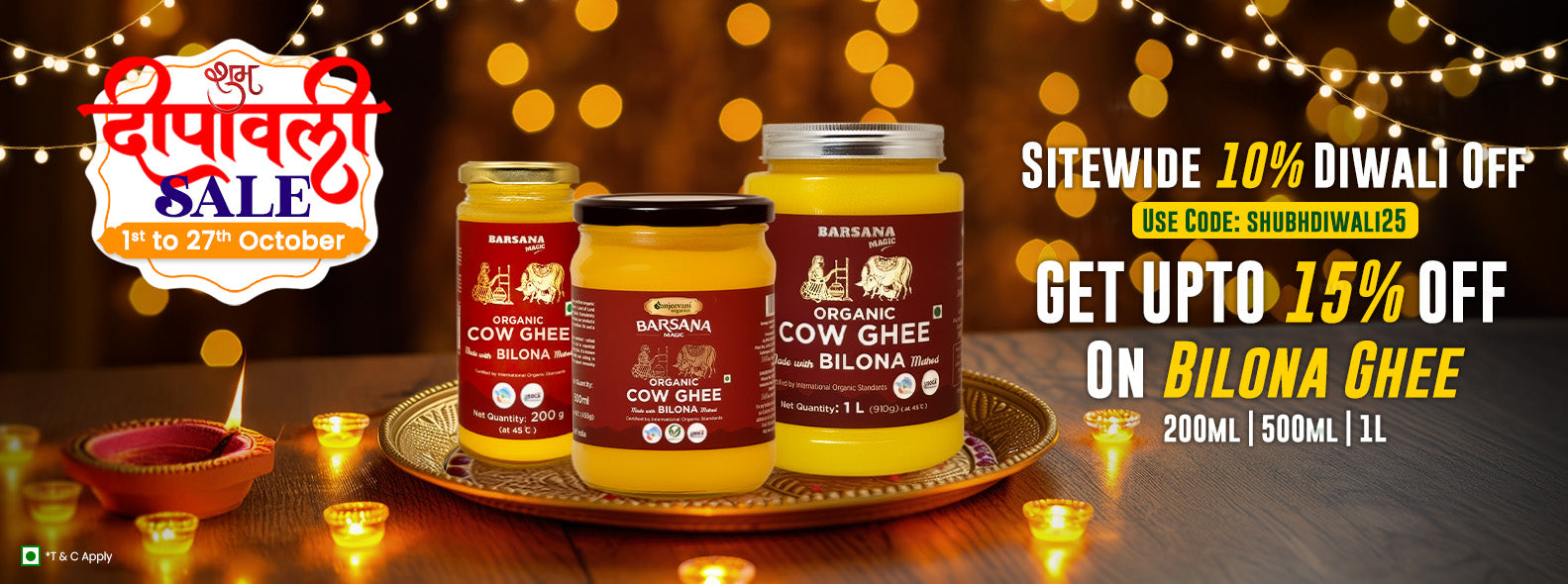 Barsana Magic and Bilona Ghee products on a tray with Diwali sale text and offers.