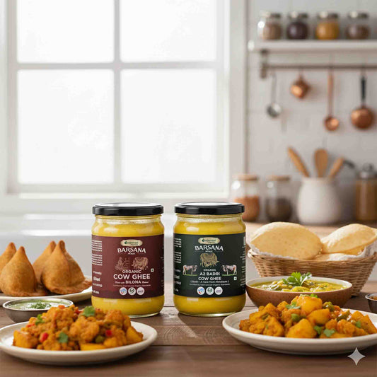 Barsana magic and  ghee jars on a kitchen counter with food dishes and utensils in the background